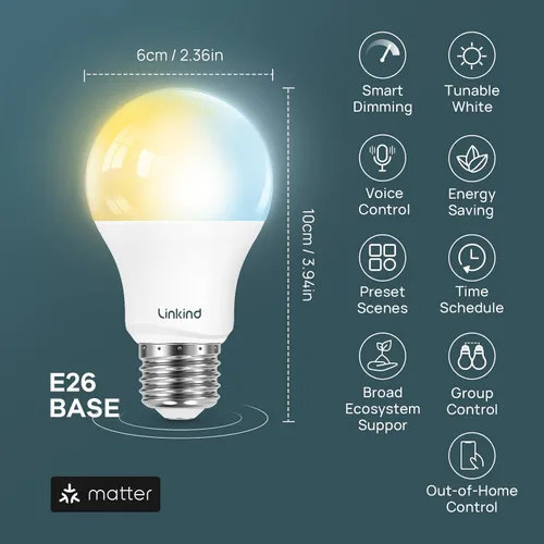 Vista 7 de Linkind Matter - Bombilla inteligente, bombillas de luz blanca suave a luz diurna sintonizables, bombillas inteligentes funcionan con Apple Home