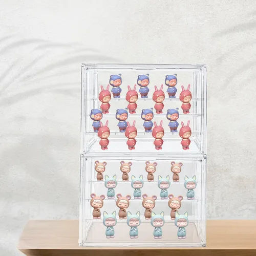Vista 6 de Vitrina para coleccionables, paquete de 2 unidades, 4 capas, ajustable, vitrina, con puerta magnética, caja transparente apilable para escaparate