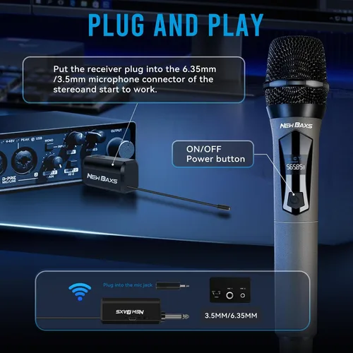 Vista 5 de NEW BAXS Micrófonos inalámbricos, sistema de micrófono dual de karaoke, Microfonos Inalambricos con receptor recargable, juego de micrófono dinámico