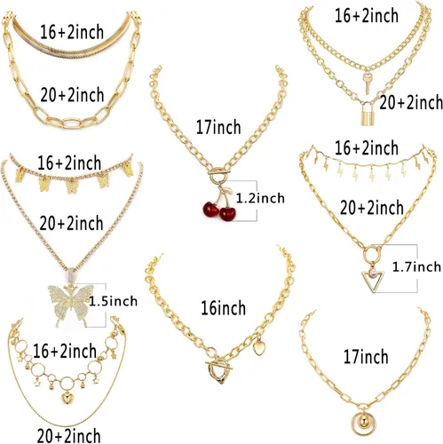 Vista 7 de Juego de 8 collares de cadena en tono plateado y dorado para mujeres, adolescentes y niñas y niños, collar colgante en capas con diseño multicolor