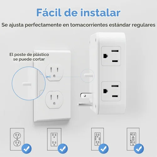 Vista 5 de BN-LINK Extensor de toma de corriente múltiple con 8 tomas, 3 puertos USB (1 USB C), protector de sobretensiones de 800 julios, divisor de enchufe