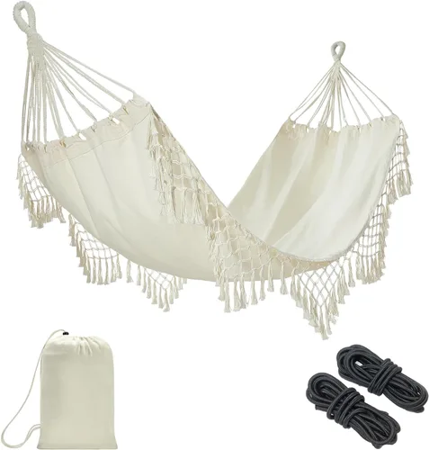 Vista 10 de JoyView Hamaca brasileña para una sola persona, hamaca portátil con cuerdas para colgar y bolsa de transporte, grande de 78.8 x 39.4 pulgadas