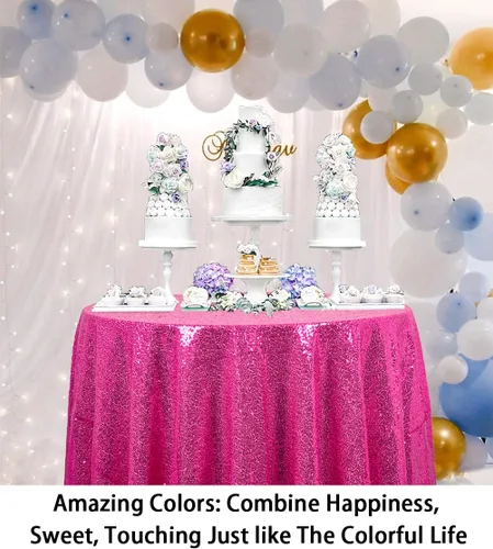 Vista 3 de ShinyBeauty Mantel de lentejuelas rosa intenso, superposición redonda brillante de 120 pulgadas para decoración de bodas, fiestas de cumpleaños