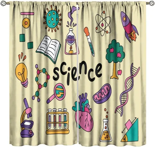 Vista 27 de Cortinas opacas para ventanas de ciencia para niños, lupa de libro de laboratorio de ciencia, lupa, frascos moleculares, cortinas impresas
