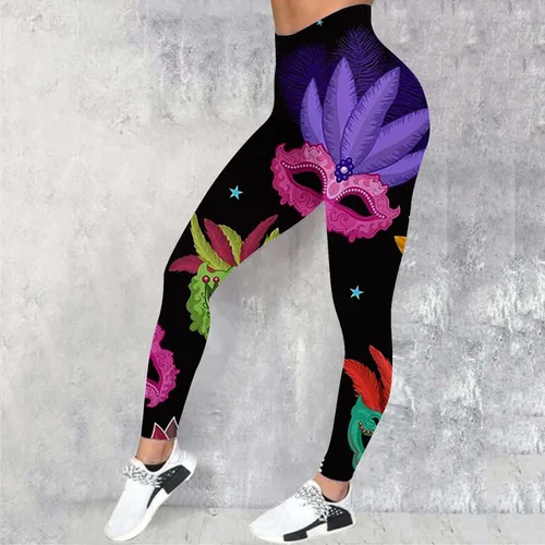 Vista 2 de Leggings de Mardi Gras para mujer, con bloques de color, gráficos, cintura alta, elásticos, para carnaval, festivales, fiestas, pantalones de yoga