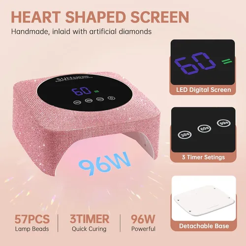 Vista 4 de Lámpara de uñas LED UV inalámbrica de 96 W, luz UV recargable para uñas de gel con 3 ajustes de temporizador, secador de uñas profesional de secado