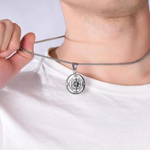 Vista 5 de AZFVBQL Collar de brújula para hombre, cadena de acero inoxidable, colgantes, joyería masculina