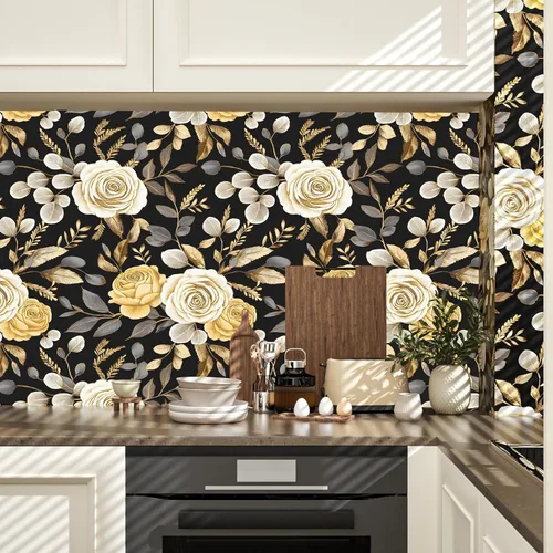 Vista 3 de Papel tapiz floral oscuro, papel tapiz autoadhesivo para despegar y pegar, papel tapiz de vinilo negro bohemio para armarios, papel adhesivo