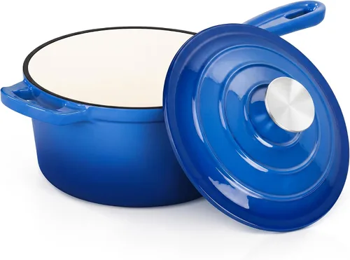 Vista 26 de E-far Sartén de hierro fundido esmaltado con tapa, cacerola de horno holandés de 1 cuarto de galón, mini olla para cocinar, hervir, saludable