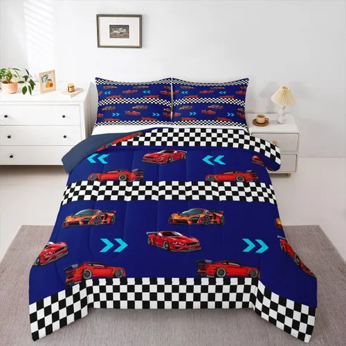 Vista 19 de Feelyou Juego de edredón de coche de carreras, tamaño individual, juego de ropa de cama de coche deportivo de velocidad para niños y niñas, edredón