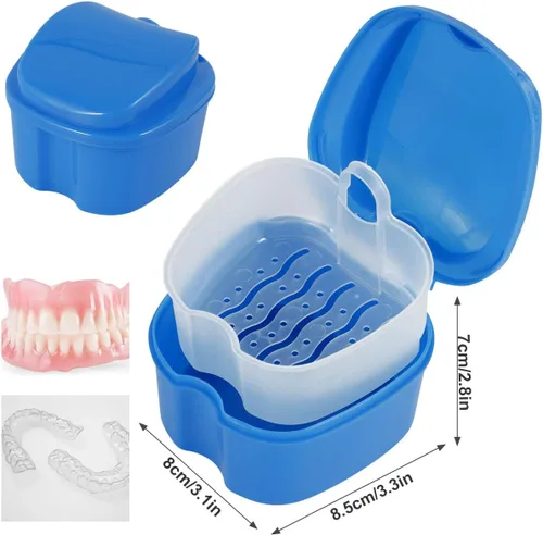 Vista 5 de Estuche de dentadura para dentadura postiza, caja de almacenamiento de dientes falsos con cesta de enjuague, caja de almacenamiento portátil