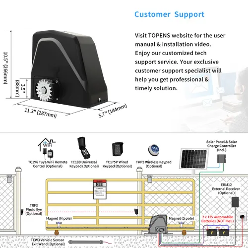 Vista 6 de TOPENS DKR1100ST Abridor de Puerta Corrediza Solar con Transmisión de Cremallera Motor Automático de Puerta para Puertas Deslizantes Pesadas