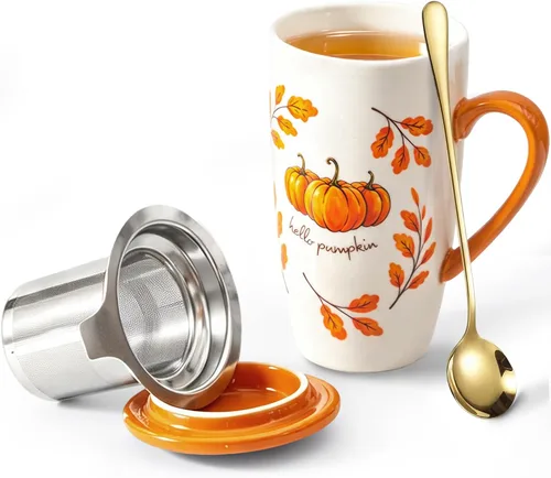 Vista 11 de Taza de té de cerámica con tapa, infusor y cuchara, 16 onzas Verde (Green Christmas)