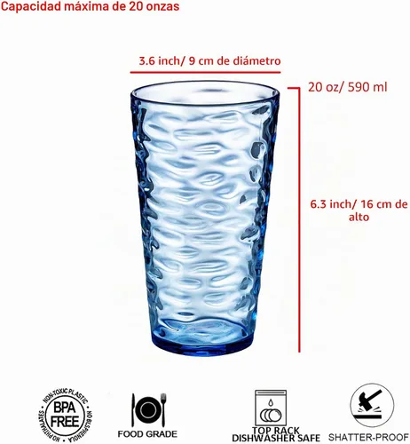 Vista 2 de Vasos de plástico de 20 onzas, vasos de acrílico de alta calidad, juego de 6 vasos azules reutilizables, apilables, sin BPA, a prueba de roturas