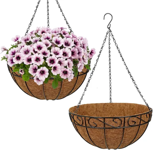 Vista 20 de Paquete de 2 cestas colgantes de metal de 10 pulgadas para plantas al aire libre, cesta colgante de alambre de metal con forro de fibra de coco
