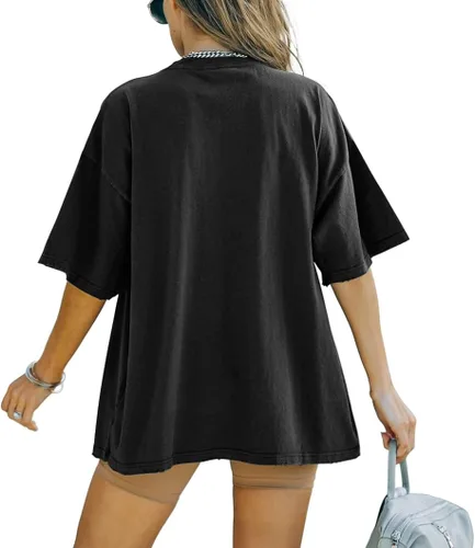 Vista 2 de FSHAOES Women Crewneck Drop Shoulder Short Sleeve Oversized Fit Tunic Cotton T-Shirt Basic Boyfriend