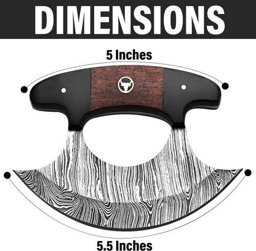 Vista 3 de Damascus Ulu Cuchillo hecho a mano de 5.5 pulgadas, cortador de pizza de Alaska, pequeño cuchillo Ulu con funda, regalo ideal de Alaska para picar