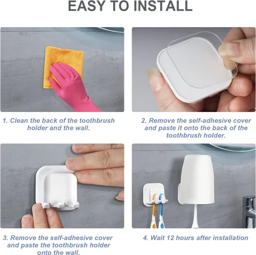 Vista 5 de BIAHE - Paquete de 2 soportes para cepillos de dientes montado en la pared, organizador autoadhesivo para cepillos de dientes, soporte de plástico