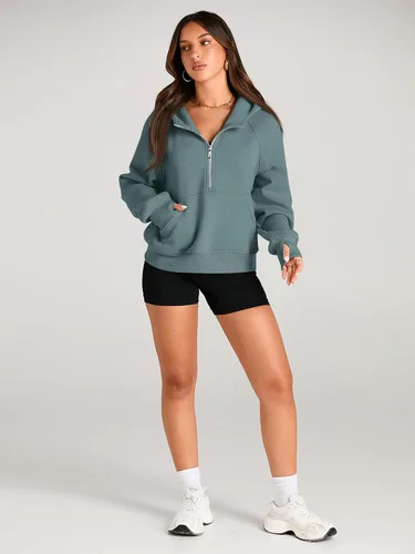 Vista 4 de AUTOMET Sudaderas con media cremallera, sudaderas cortas de forro polar para mujer, suéteres con cremallera de un cuarto, trajes de otoño, ropa