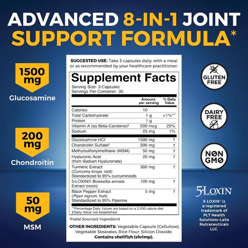 Vista 3 de Viva Naturals Suplemento de apoyo articular de glucosamina condroitina MSM, 90 cápsulas - con cúrcuma, pimienta negra, boswellia y ácido hialurónico