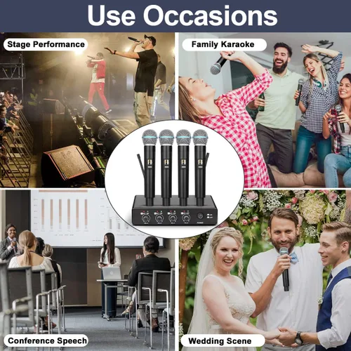 Vista 9 de Depusheng R4 - Micrófonos inalámbricos para karaoke profesional, 4 canales, sistema de micrófono inalámbrico de mano, micrófono dinámico de metal