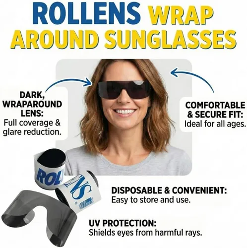 Vista 2 de Lentes de sol enrollables con 100% protección UV, desechables, envolventes (8 unidades) – Fabricado en los Estados Unidos