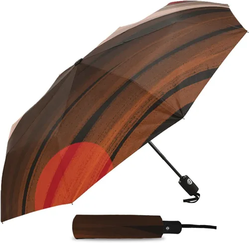 Vista 2 de WSSBK Paraguas automático de color marrón degradado para lluvia y sol, hombre y mujer, sombrilla plegable con estampado de atardecer