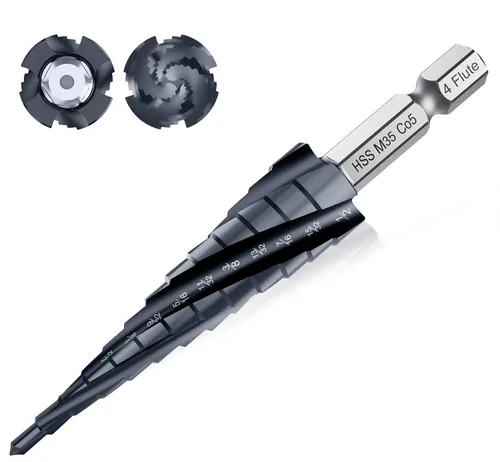 Vista 14 de Broca de cuatro Sprial Flauta M35 de cobalto, 1/4"-1-1/8" Ultra TiAIN recubierta Unibit broca, broca de vástago hexagonal de 1/4" para metal, acero