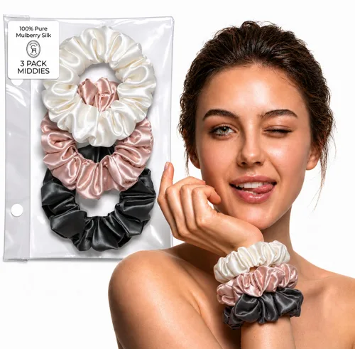 Vista 8 de SUNDAYSILKS™ - Lujosos coleteros de seda de morera para mujeres y niñas Coleteros antideslizantes y sedosos para el cabello natural, rizado, fino