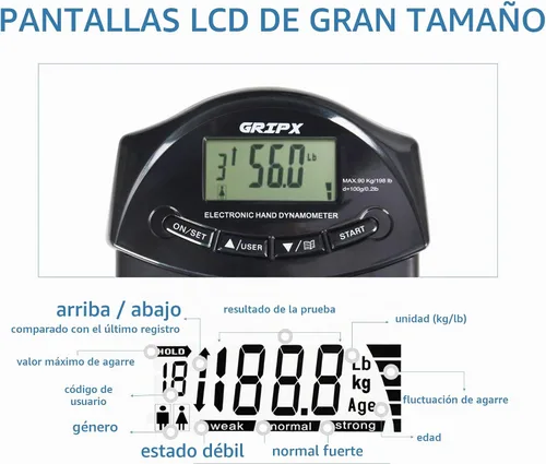 Vista 6 de Dinamómetro de mano digital medidor de fuerza de agarre Auto captura electrónica de poder de agarre manual 198 libras / 90 kilogramos