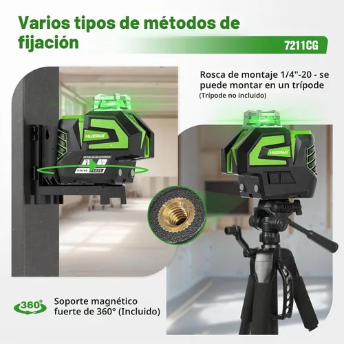 Vista 6 de Huepar Línea cruzada de nivel láser verde autonivelante con 2 puntos de plomada herramienta láser -360 línea horizontal más haz vertical con trípode