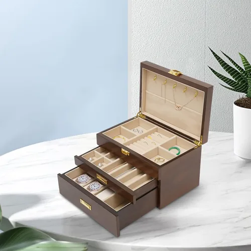 Vista 3 de LOYALHEARTDY Joyero de madera de 3 capas, organizador grande para mujeres, para anillos, collares, aretes, pulseras, caja de almacenamiento