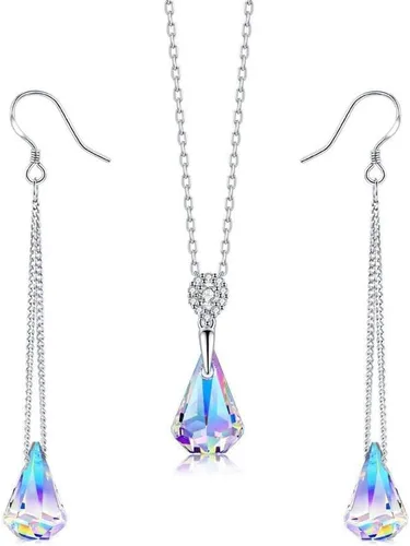 Vista 4 de Conjunto de collar con incrustaciones de moda con adornos en forma de gota para mujer, pendientes transparentes, aretes grandes de oro de moda