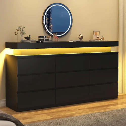 Vista 7 de chartustriable Cómoda de 9 cajones para dormitorio, cómoda blanca con luces LED, cómoda moderna para armario, armario organizador de cajones de 63