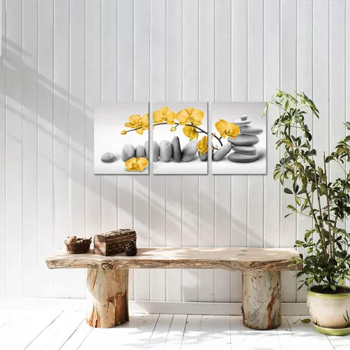 Vista 3 de Artmyharbor Arte de pared de orquídea zen, imágenes de flores amarillas, para baño, piedra gris, para sala de meditación de spa, 12 x 16 pulgadas