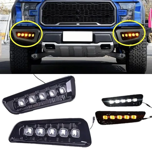 Vista 9 de Luces LED de Marcador Lateral del Parachoques para Ford Raptor F150 2015-2020, Luz de Marcha Diurna Blanca/Ámbar Switchback con Señal de Giro