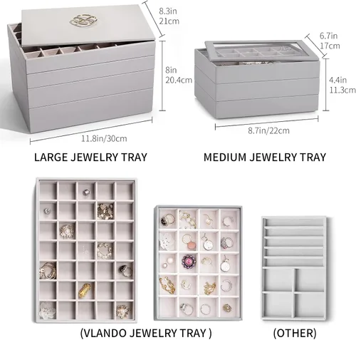 Vista 2 de Bandeja de joyería organizador de joyas apilable para cajón aparador armario escaparate collar aretes anillos pulseras bandejas para mujeres y niñas