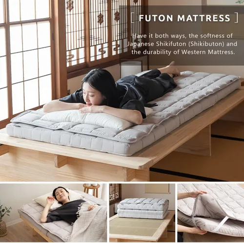 Vista 4 de EMOOR Colchón de futón japonés de triple pliegue Machi con protector de colchón S-Twin gris, fuelle plegable, almacenable, lavable, para dormir