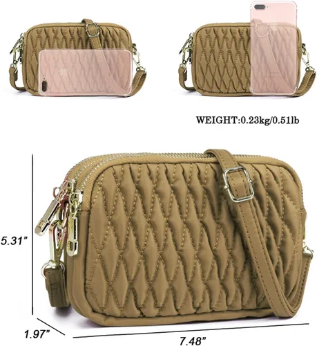 Vista 5 de Cartera cruzada pequeña con triple cremallera para mujer, bolsa cruzada acolchada con correa desmontable
