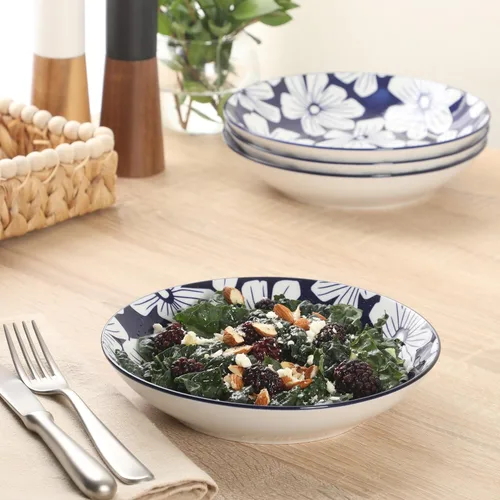 Vista 2 de Gibson Home Heritage Sky - Juego de 4 cuencos para pasta, cuencos redondos de cerámica de 8 pulgadas, diseño floral azul y blanco, uso diario