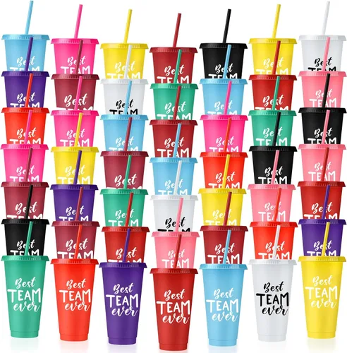 Vista 8 de Nuenen 50 vasos de agradecimiento a los empleados con popote y tapa a granel de 24 onzas, taza de agradecimiento, regalo de fiesta de Navidad, vasos