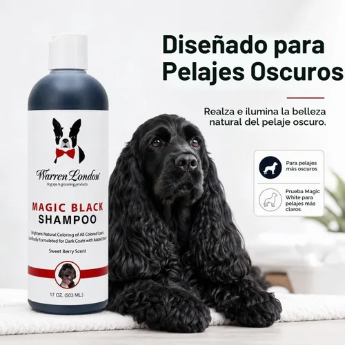 Vista 3 de Warren London Magic Black Dog Shampoo - Champú iluminador para abrigos oscuros, aroma a bayas, seguro para cachorros y gatos, fabricado en Estados