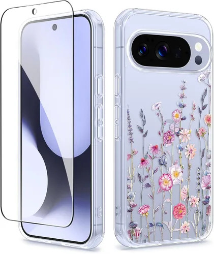 Vista 13 de GVIEWIN Funda para Google Pixel 10a con protector de pantalla, protección contra caídas de grado militar, no amarillenta, transparente, floral