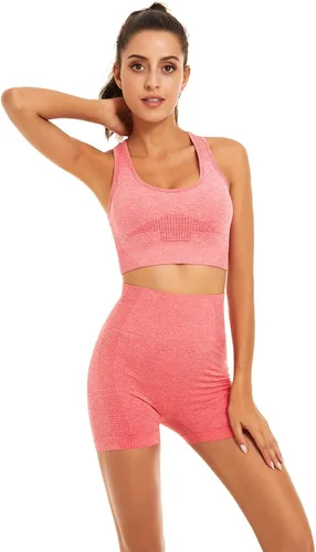 Vista 3 de Toplook Conjunto deportivo de 2 piezas para mujer sin costuras para yoga entrenamiento gimnasio pantalones cortos y brasier deportivo