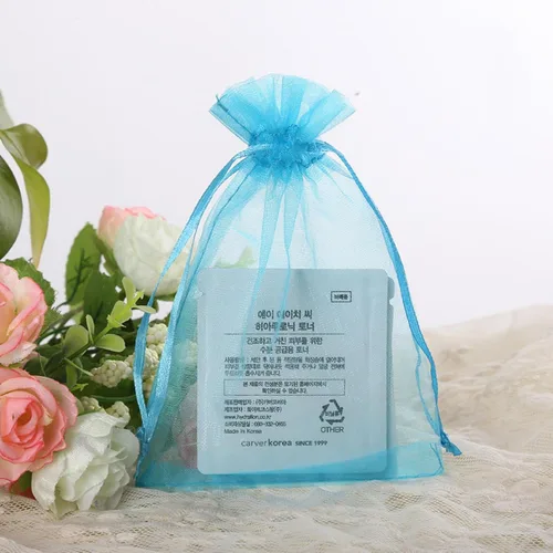 Vista 7 de Bolsas de regalo de organza de 4 x 6 pulgadas con cordón para joyas, dulces, paquetes de 50 bolsas de té de tela transparente azul aguamarina