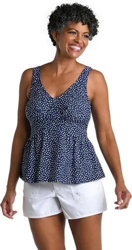 Vista 5 de Maxine of Hollywood Women's Over The Shoulder Empire Tankini Swimsuit Top Negro/ Jardín iluminado por la luna