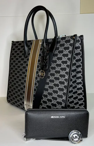 Vista 4 de Michael Kors Mirella - Bolsa de mano grande de jacquard con logotipo a rayas y gancho grande para bolso