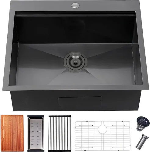 Vista 13 de Fregadero de Barra Negro de Montaje Inferior, Fregadero de Cocina de Acero Inoxidable de 15x20 Pulgadas, Estación de Trabajo de Montaje Superior