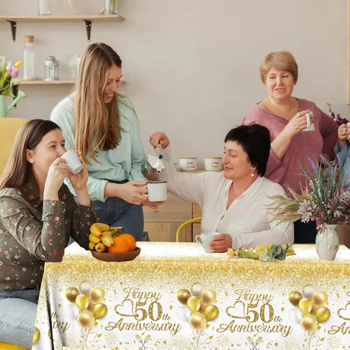 Vista 3 de Mantel de Feliz 50º Aniversario, Decoraciones de Aniversario de 50 Años 3 Piezas Mantel Blanco y Dorado Impermeable Rectangular Cubierta de Mesa