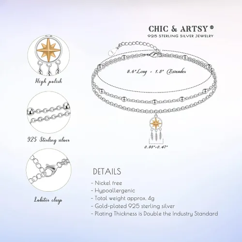Vista 140 de CHIC & ARTSY Tobilleras delicadas de plata de ley S925 para verano, pulsera de tobillo ajustable multicapa para playa, joyería de pie para mujer